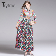 Trytree 2020 verão outono vestido feminino casual turn-down colarinho camisa vestidos de impressão floral a linha tornozelo comprimento vestido da senhora do escritório 2024 - compre barato