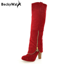 Flock Winter Knee High Boots Women Shoes Plus Size 34-43 High Heels Long Boots Fashion Zipper Style Botas Femininas WSH994 2024 - buy cheap