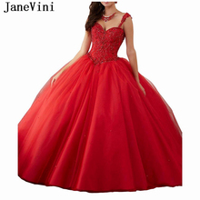 Vestido de baile janevini vermelho, elegante vestido quinceañera, alças espaguete, luxo, frisado pesado, costas abertas, tule longo e doce 16 vestido 2024 - compre barato