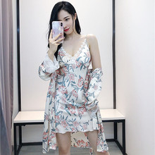 MECHCITIZ 2019 Women Robe Gown Sets Flower Satin Sleepwear Female Sexy Silk Robe Set Silk Sleep Lounge Bathrobe Lace Nightdress 2024 - buy cheap