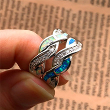 Anel feminino opala de fogo, anel prateado de noivado azul branco joia vintage com cruz 2024 - compre barato