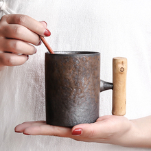 Caneca de cerâmica grossa de madeira, caneca esmaltada de cerâmica vintage com pegador de madeira para chá, leite, café colher de madeira utensílios para bebidas de escritório 2024 - compre barato