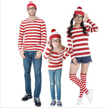 Parent-Child Cartoon Where is Wally Waldo Cosplay Costume Red & White Stripe Halloween Party Costume Shirt +Hat +Glasses 2024 - buy cheap