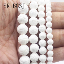 Free Shipping 6 8 10 12mm  Lotus Carved White Flower Shell Gems Genuine Natural Round Beads Stone DIY Game Game Beads Strand 15" 2024 - buy cheap