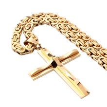 Collar de la cruz de Jesús para hombre, colgante de acero inoxidable, Color dorado y plateado, cadena Bizantina de 6mm, 55cm 2024 - compra barato