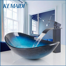 Kemaidi-torneira tipo cascata para banheiro, preta, vidro temperado, pintada à mão, acabamento em bronze 2024 - compre barato