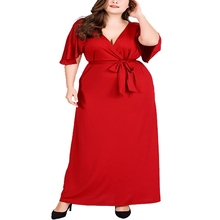 Summer new large size 3XL-7XL red long sexy deep V-neck high waist short-sleeved belt fashion dress 2024 - buy cheap