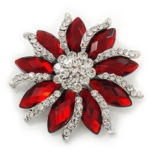 2.2" Silver Tone Rhinestone Crystal Diamante and Red Marquise Stone Flower Brooch Party Prom Pins 2024 - buy cheap