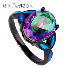 ROLILASON Women silver tone stamped Jewelry Mystic Rainbow Cubic zirconia Blue fire Opal ring fashion jewelry OR750 2024 - buy cheap
