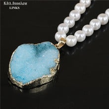 Natural crystal blue druzy stone necklace white round pearl beads with drusy quartz stone pendant necklace for women 2024 - buy cheap