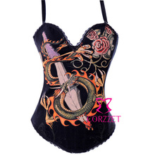 Frete grátis vestuário feminino modelador de festa dragão estampado alça espartilho preto sexy top corselet sobrebusto algodão bustiê basques 2024 - compre barato