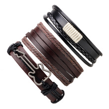 3pcs/set Boho Gypsy Hippie Punk Brown Black Leather Cord Wrap Knots Guitar Charm Layers Adjustable Bracelets Set for Man 2024 - buy cheap