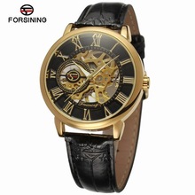 Reloj mecánico con diseño de logotipo 3d para hombre, pulsera con grabado de huecos, carcasa de oro y negro, esqueleto de cuero, marca de lujo, Heren Horloge, 2019 2024 - compra barato