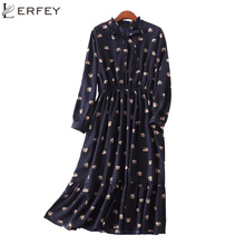 Lerfey vestido feminino plus size estampa floral manga comprida casual chiffon vestidos de outono vintage com babados vestido de laço plissado 2024 - compre barato