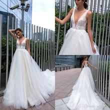 Vestido de noiva linha a, design de cristal, sem mangas, com apliques de renda, que varre 2024 - compre barato