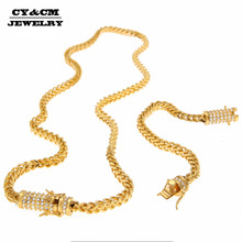Cy & cm hip hop 6mm trigo conjunto de joias, corrente conjunto de aço inoxidável cravejado strass caixa de luxo colar de fecho 30 "pulseira 8" 2024 - compre barato