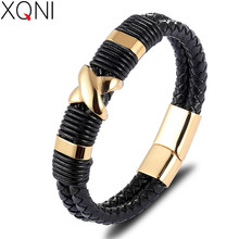 Xqni novo estilo clássico moda jóias com "x" padrão & esqueleto pulseira de couro genuíno acessórios pulseira para homens charme presente 2024 - compre barato