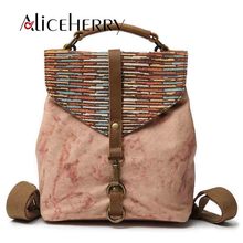 Pink Canvas Leather Backpack National Style School Backpack Vintage Travel Backpacks Women Daypack Bucket Rucksack Bag 2024 - buy cheap