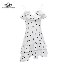 Bella Philosophy 2018 summer ruffles sweet girl dress sexy backless print dot women dress short sleeves drapped ladies vestidos 2024 - buy cheap