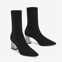 Moda feminina botas de salto alto preto botas de neve saltos quadrados sapatos de inverno feminino apontou toe senhoras meias botas mais tamanho 2024 - compre barato