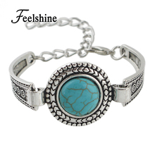 Feelshine Vintage Style Bohemian Jewelry Antique Silver Color Chain with Round Blue Stone Charm Bracelets Bangles for Women 2024 - buy cheap