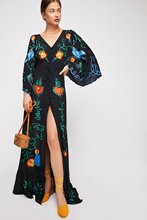 Vestido longo com gola v bordado de flores, peça feminina manga flare até o chão, vestido chique, roupão de outono 2021 2024 - compre barato