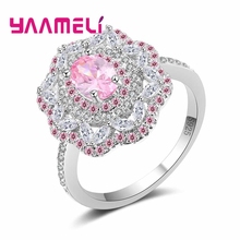 925 Sterling Silver Sweet Romantic Style Pink Flower Shape Round  Crystal Stone Ring Wedding For Valentine's Day 2024 - buy cheap