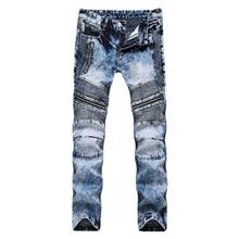2017 Pleated Men Denim Jeans Pants Famous Brand Washed Ripped Jeans Zipper Designer Biker Jeans Straight Slim Motorcycle Pants 2024 - buy cheap