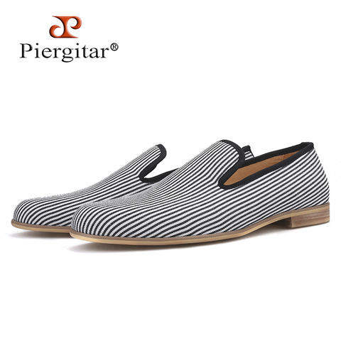 Piergitar 2019 New British style men's loafers Black and white striped canvas fashion men smoking slippers plus size male flats 2022 - buy cheap