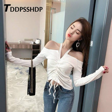 Fashion Sexy Long Sleeve Women T Shirt Autumn Solid Color Drawstring Halter Expose Belly Female Tee 2024 - buy cheap