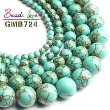 Wholesale Green Gold Line Turquoises Stone Round Beads For Jewelry Making DIY Bracelet Necklace Jewellery 4 6 8 10 12mm 15'' 2024 - buy cheap