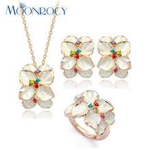 MOONROCY Zirconia Rose Gold Color Crystal Jewelry Set Necklace Earrings and Ring White Flower for Women Dropshipping Wholesale 2024 - buy cheap
