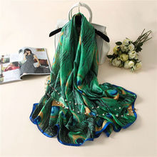 Último cachecol de seda de pavão verde, envoltório feminino de marca de luxo da espanha para praia, foulard sjaal, chapéus hijab, 2021 2024 - compre barato