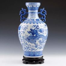 Jingdezhen vaso de cerâmica de alta qualidade azul e branco com orelha dupla padrão dragão vaso para decoração de casa sala de estar artesanato 2024 - compre barato