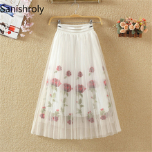 Sanishroly 2018 New Summer Women Rose Floral Embroidery Mesh Skirt Ladies Elastic High Waist Mid-Long A-Line Pleated Skirts S093 2024 - buy cheap