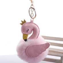 QiYuFang Cute Pink flamingo Pompom Keychain Swan Key Chain Fake Rabbit Fur Ball Women Car Bag Pompon Key Ring Pom Pom Holder Toy 2024 - buy cheap