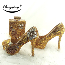 BaoYaFang-zapatos de tacón alto con plataforma para mujer, calzado de fiesta, boda, Pavo Real de cristal dorado 2024 - compra barato