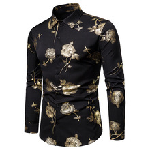 New Men Hipster Luxury black gold Rose Bronzing Printed Long Sleeve Dress Shirt wedding Night club Hip hop party Slim Shirts 2024 - buy cheap