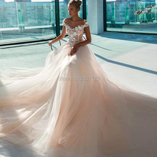 A Line Wedding Dresses with Nude Tulle V Neck Lace Appliques Handmade Flowers Button Illusion Bridal Gowns Vestido De Noiva 2024 - buy cheap