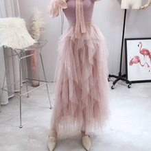 2019 Spring Plus Long Pink Mesh Skirts Women Sweet Princess Maxi Mesh Skirts Lady A-line Long Ruffles Skirts Girls Skirt 2024 - buy cheap