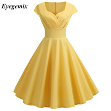 Vestido de verano amarillo de talla grande para mujer, vestido Midi Retro con cuello de pico, Swing grande, elegante, Pin Up, para fiesta y oficina 2024 - compra barato