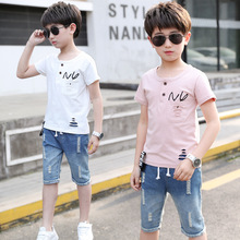 Boys Clothes Summer 2019 Cotton Short Sleeve Tshirt & hole Blue Jeans Pants 2 Pcs Children Clothes Set Fashion Kids Clothing 2024 - buy cheap