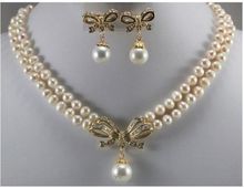 Charming 2 Row 8mm Shell Pearl Necklace Flower Pendant Earrings Set 2024 - buy cheap