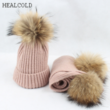 Children Hat Scarf Toddler Baby Knitted Wool Beanie Real Fur Pompom Kids Winter Hat And Scarf Set For Girls Boys 2024 - buy cheap