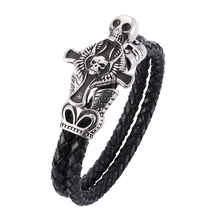 Fashion Punk Men Bracelet Jewelry Braided Leather Bracelet Stainless Steel Skull Cross Bracelet Rock Man Leather Wristband PW755 2024 - buy cheap