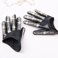 Women's fashion half palm Gloves lady's red white black PU leather gloves men's hip-hop rhinestone diy dancing gloves 2024 - buy cheap