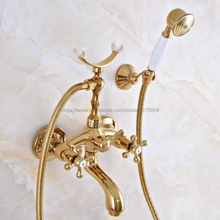 Bronze dourado Wall Mount Banheira Estilo Telefone Torneira Do Banheiro Mixer Toque Torneira com Punho Duplo Handshower Nna953 2024 - compre barato