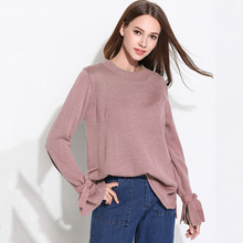 Suéter feminino de malha com gola redonda, blusão feminino solto de manga comprida com laço 2024 - compre barato