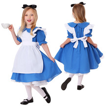 Crianças meninas azul alice no país das maravilhas traje halloween carnaval lolita empregada vestido cosplay S-XL 2024 - compre barato