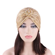 Pañuelo de quijab plisado para mujer, sombrero de Turbante, joya de diamante, oro y plata, sombrero indio 2024 - compra barato